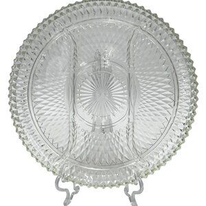 Vintage Clear Glass Divided Serving Tray With Intricate Diamond Cut Pattern & Sc